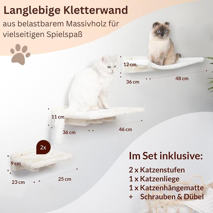 Meoville® настінний комплекс для котів XXL, 4 предмети, масив дерева, суперміцний: гамак, лежак, 2 сходинки, настінний драпак, бежева стінка для котів