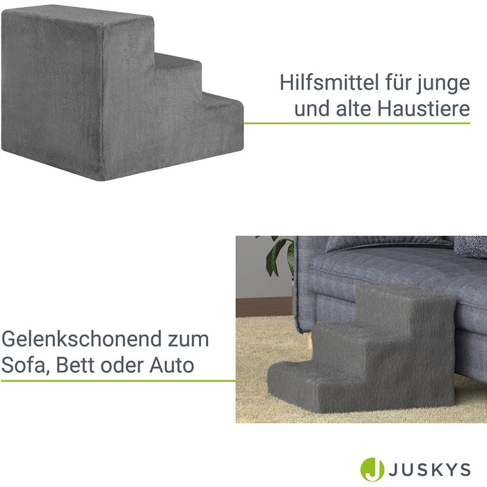 Сходинка для собак та котів Juskys - 3 сходинки, плюшевий знімний чохол, сірого кольору. Підходить для ліжка, дивана, софи та авто