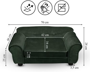 Диван-ліжко для собак і котів MG Design, зелений велюр, з підлокітниками та спинкою, міцний декоративний диван для дрібних і середніх тварин