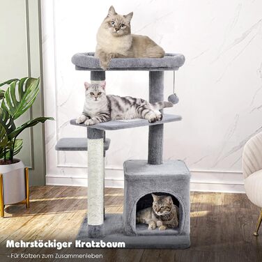 Дряпак для котів COSTWAY, 85 см, з будиночком, м'яким сидінням, м'ячиком та сизалевими стовпчиками, сірий