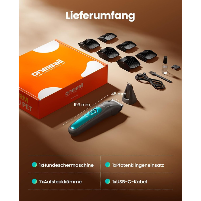 Машинка для стрижки собак та котів oneisall 2-в-1 з тримером для лап, LED-підсвічуванням, тиха робота, акумулятор 2000 mAh, професійний триммер для густого та кучерявого хутра, синій