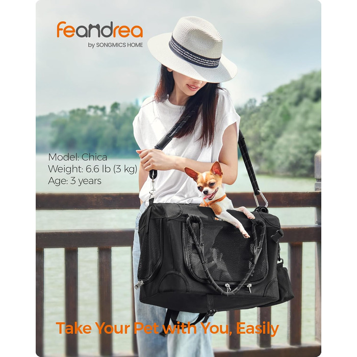 Транспортна сумка Feandrea для собак та котів, складна, чорна, розмір S (до 5,9 кг), з металевим каркасом та повідком