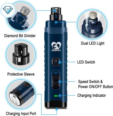Електричний точилка для собак Casfuy з LED-підсвіткою, 4.8V, 2 швидкості, для середніх порід, тиха, акумуляторна, navy