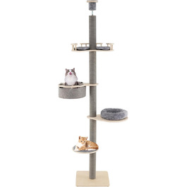Кігтеточка GOPLUS висока до стелі, 236-271 см, 5 поверхів, з платформами, подушками, гамаком, кігтеточками та захистом від перекидання, сірого кольору