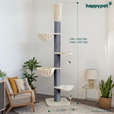 Кігтеточка HAPPYPET 'Леонардо' XXL для великих котів, 250-275 см, товсті стійкі стовпи, великі лежанки до 20 кг, гніздо, сертифіковане дерево, кігтеточка для Мейн-кунів та Регдоллів, сірий/кремовий колір
