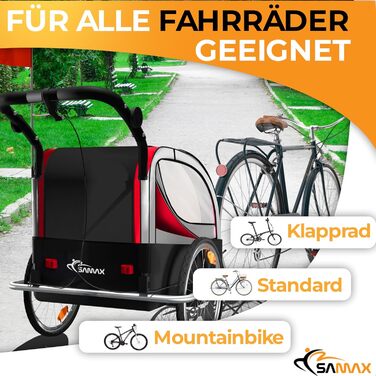 SAMAX Fahrradanhänger Jogger 2in1: Дитячий велопричіп-коляска 2в1, обертання 360°, для 2 дітей, червоний, сірий фрейм