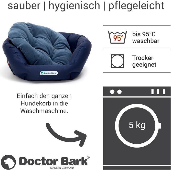 Кругле ліжко для собак Doctor Bark - м'яке собаче гніздочко для собак середніх порід з ортопедичною подушкою та іграшкою-кісткою. Можна прати до 95°C. Виготовлено в Німеччині (L - 60x50 см, Кьонігсблау)