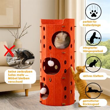 Сучасний котячий комплекс з 4 ярусами та 3 будиночками для котів, фетр, стійка альтернатива котячого будиночка з іграшкою, тихий та компактний (90 см) (Оранжевий, 35 x 35 x 90 см)