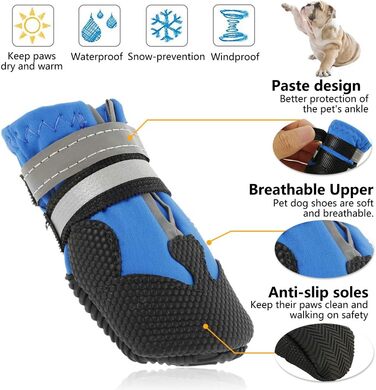 Водонепроникні чоботи для собак Bau+Schwarz, 4 шт. - захист лап для малих, середніх та великих собак, з відбиваючими ременями, блакитні (XXL)
