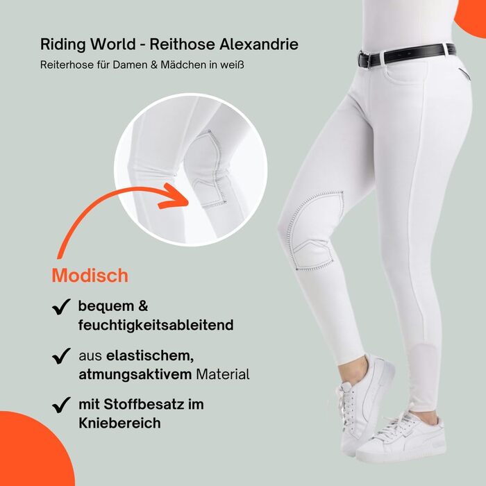 Верхні штани для їзди верхи Riding World Alexandrie для жінок та дітей | Еластичні штани для верхової їзди з накладкою на колінах | з кишенями спереду | Легінси для верхової їзди в шести кольорах | Екіпірування для верхової їзди розмір 104-176 та 32-44 | 