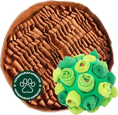 Набір для збагачення Reggie для собак: інтерактивна килимок та іграшковий м'яч проти швидкого поїдання, нудьги та стресу. Підходить для всіх вікових груп. Колір: коричневий килимок, зелений м'яч