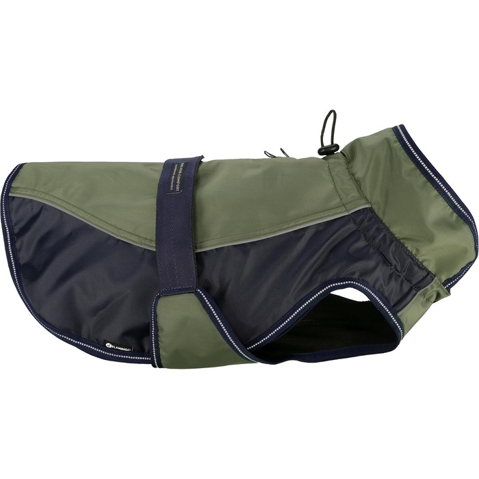 Зимовий теплий накид для собак Flamingo – Eisberg, какі та темно-синій, 40 см, поліестер, дихаючий, водостійкий, з PU-покриттям, з ремінцем на животі, з отвором для шлейки, світловідбиваючий