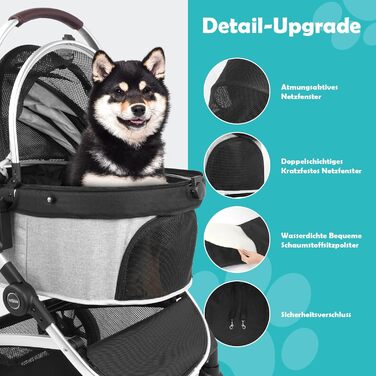 Візок для собак DAISTERN, складаний, до 25 кг, сірий. Легкий алюмінієвий каркас, поворотне EVA-колесо з амортизатором та гальмом, 4-в-1 для прогулянок, міста та ветеринара.