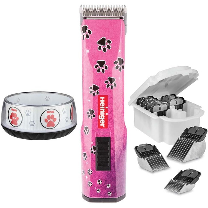 Набір для стрижки собак EHASO HEINIGER Profi Saphir: акумуляторна машинка, насадки, миска для води (рожева)