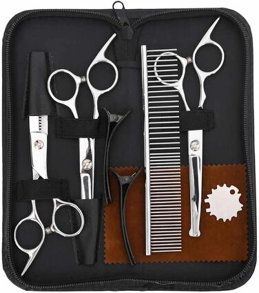 Набір професійних ножиць для собак з нержавіючої сталі - для всіх порід - з витончувальними ножицями, гребінцем та регулятором