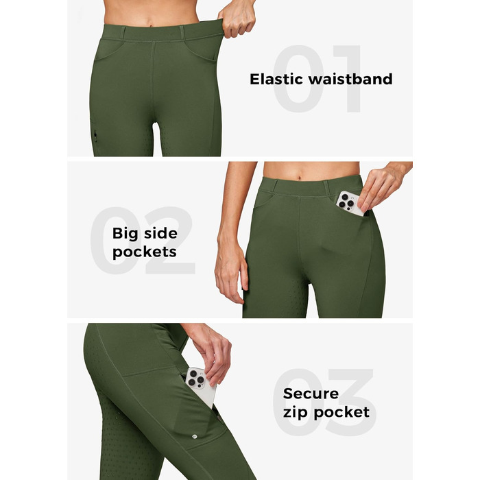 Спортивні штани для верхової їзди WILLIT Daen з флісовою підкладкою, силіконовим повним захопленням, кишенями та петлями для ременя (S, армійсько-зелений)