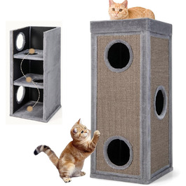 Кігтеточка GYMAX 40x40x99 см, 4-ярусна кігтеточка-будиночок з 3 печерами, знімні плюшеві подушки та 2 когтеточки, стійка кігтеточка для котів, сіра