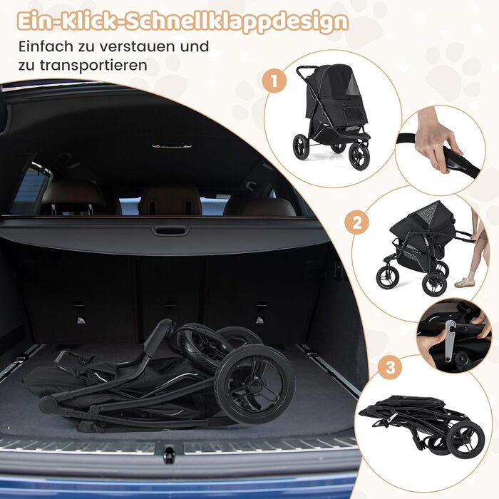 Візок для тварин Costway, розкладний, до 25 кг, для собак та котів, 3 колеса, регульоване сонцезахисне дах, сітчасте вікно, кошик та подушка, чорний