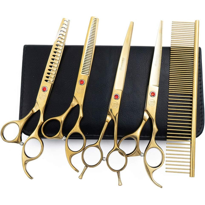 Набір професійних ножиць для грумінгу собак Moontay, 17.8/20.3 см, ножиці для грумінгу собак, вигнуті ножиці для грумінгу, ножиці для стрижки з гребенем (17.8 см, золоті)