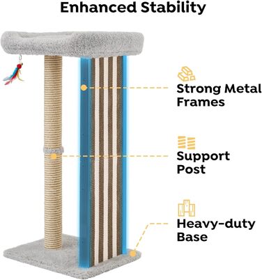 Дряпалка для котів Veehoo, 90 см, сіра. Стабільна дряпка з платформою та іграшками. Підходить для кошенят та дорослих котів. Розміри: 46 x 37 x 90 см