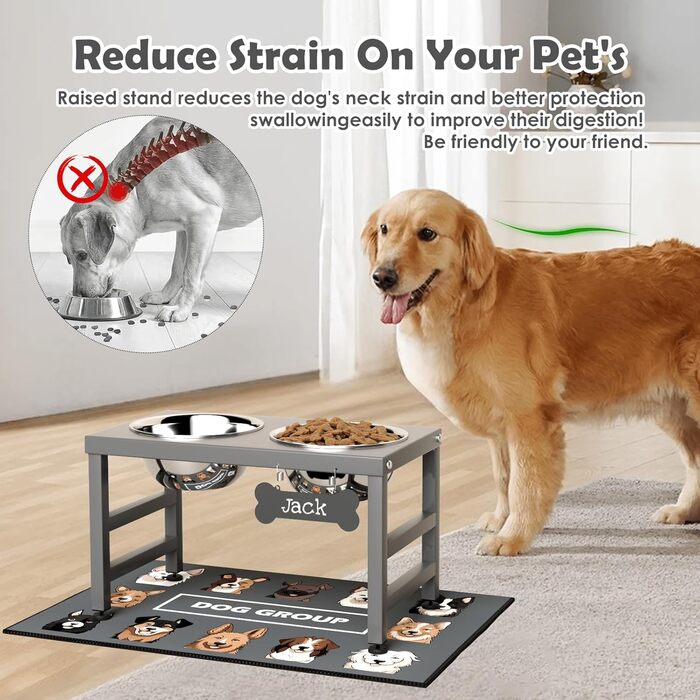 Підвищена годівниця для собак великих та екстра-великих порід, з підставкою та двома мисками з нержавіючої сталі (2,863 г), з нековзною основою, висота 43 см, висота мисок 25 см, сіра, L