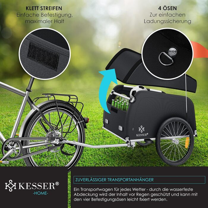 Причіп для велосипеда KESSER® вантажний з високою тягою, 120 л, чорний, з дахом та функцією складання