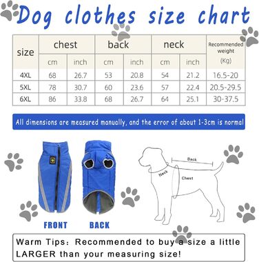 Зимова куртка для собак, тепла водонепроникна куртка для середніх та великих собак, флісова підкладка, світловідбиваючі елементи, для Лабрадора, Бульдога, Самоеда (5XL/60см, Синій)