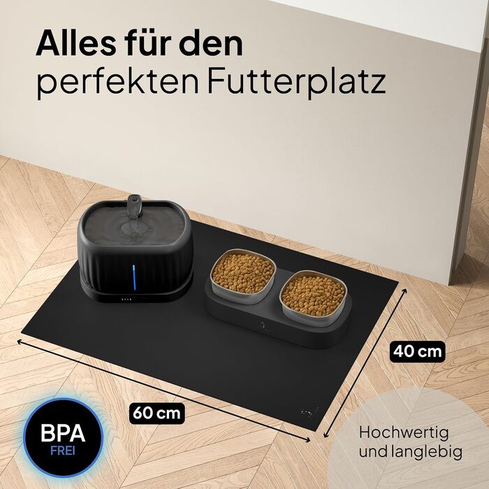 Підкладка під миску для котів Pretty PAW® 60x40 см - неслизька та водонепроникна, захист від води та бруду | Сумісна з фонтанчиком та мисками Pretty Paw (Чорний, широка)