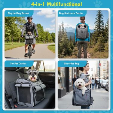 Корзина для собак на велосипед до 10 кг з L-подібним кріпленням Φ8см, складана корзина для велосипеда 4 в 1: рюкзак, сумка через плече, автокрісло, з м'якою подушкою, сітчастими вікнами та світловідбиваючими смугами
