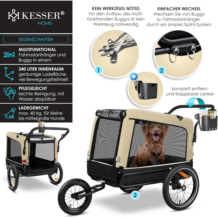 KESSER Причіп для собак Boxer 3-в-1: візок, джоггер, велосипедний причіп, 240 л, 600D Оксфорд, амортизований, до 40 кг