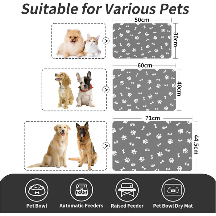 Підкладка для годівлі домашніх тварин – вбираюча підкладка під миски для їжі та води, без плям, швидковисихаюча (Світло-сіра з багатьма лапами, 40 x 60 см)
