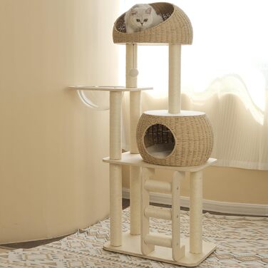 Котячий комплекс Pawlabay з ротангу 145 см для дому, високий дерев'яний кігтеточка-дерево для котів