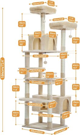 PAWZ Road Дряпка для котів велика, 184 см, 7 стовпів сизалю, гніздо, кошик, для дому, бежевий