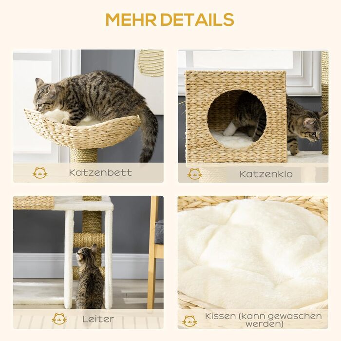 PawHut Когтеточка для котів 100,5 см з будиночком, лежаком, драбинкою, подушкою та сизалевими стовпчиками, для котів до 4,5 кг, натуральний колір
