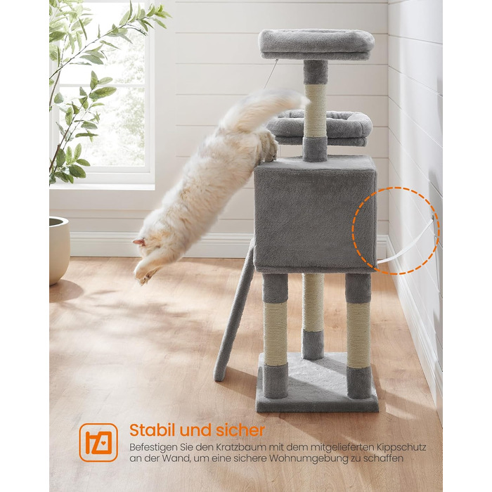 Дерево для котів FEANDREA Kratzbaum, 115 см, сірий, з платформою та когтеточкою, з м'якого плюшу, повністю обмотане сизалем, PCT141W01