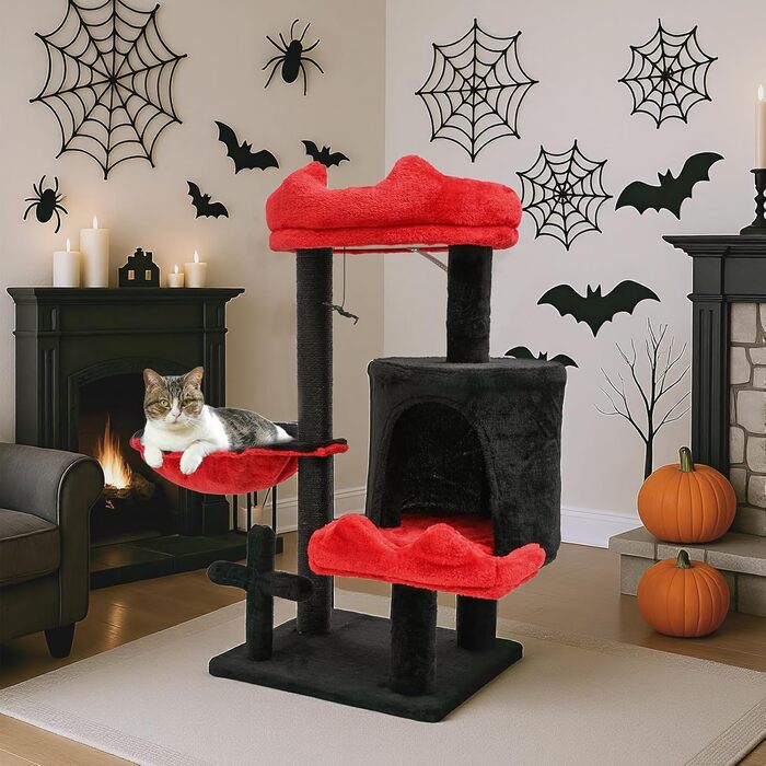 Котячий комплекс Gothic Halloween: стійка кімната з ліжком, будиночком та когтеточками, 84.5 см (Чорний/Червоний)
