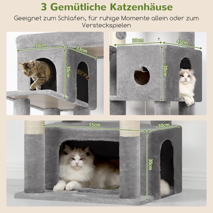 Драбина для котів Globlazer 204 см з 3 будиночками, 2 великими платформами, 3 м'якими кошиками, стабільна для 3-5 котів, для відпочинку, ігор та дряпання, сірий колір (XXL)