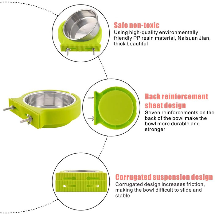 Миска для клітки для тварин MOACC, знімний кріплення, нержавіюча сталь, для собак та котів, зелена (з хвилястим кріпленням)