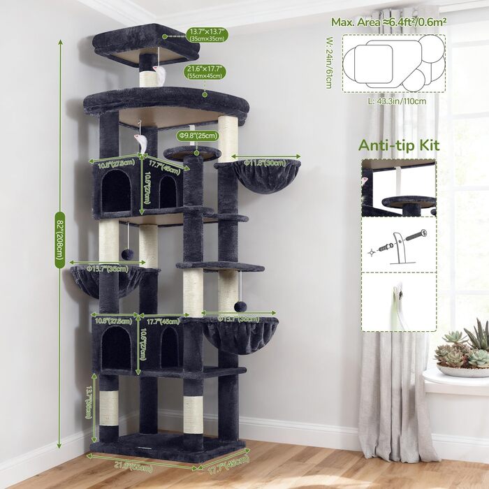 Кігтеточка Globlazer XXL 209 см з 2 будиночками, великою платформою, 3 кошиками, стовпчиками для шліфування, 8 стовпчиками з сизалю, стабільна кігтеточка для кількох котів (темно-сірий)