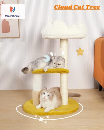 Котячий дряпак Happi N Pets Wolken, 80 см, сучасний триярусний ігровий комплекс для кішок середнього розміру з сизалевою стійкою, м'яким лежаком 40x30 см, знімними та праними подушками