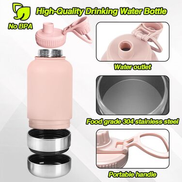 Водяна пляшка для собак на прогулянці, 950 мл, з мискою, ізольована, нержавіюча сталь, термопляшка для собак, рожева