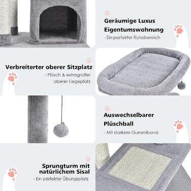 Дряпак для котів COSTWAY, 85 см, з будиночком, м'яким сидінням, м'ячиком та сизалевими стовпчиками, сірий