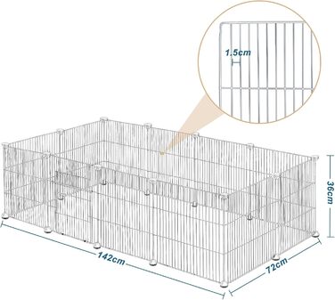 Клітка для кроликів та інших дрібних тварин EUGAD з дверцятами, розширювана, 142x72x36 см, міцний метал, проста збірка, білий колір