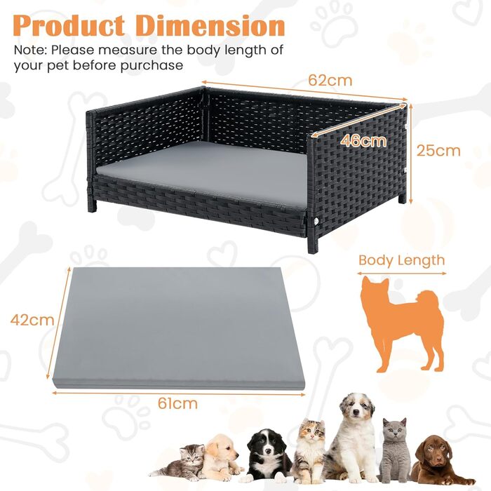 Собаче ліжко SOARS з ротангу, кошик для собак з подушкою, знімний та пральний чохол, підняте собаче ліжко для маленьких та середніх собак, диван для собак для дому та на вулицю, 62 x 46 x 25 см