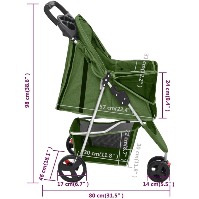 Складаний візок для собак vidaXL 80x46x98 см, оксфорд, зелений