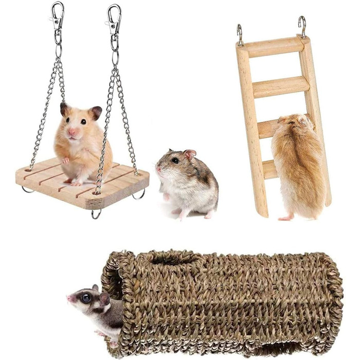 Іграшки для хом'яків Wonninek: набір з 3 іграшок для клітки - драбина, гамак-гойдалка, тунель-гніздо. Підходять для хом'яків, шиншил, морських свинок.