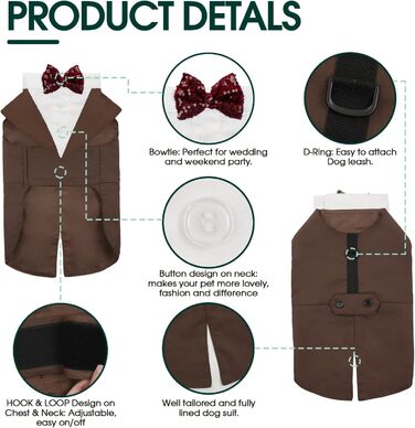 Костюм для собак Kuoser з банданою та краваткою, теплий халат для собак, костюм для цуценят, набір для святкування вечірки, Хелловін, день народження, S-XXL, M-довжина спини: 35 см (L--довжина спини: 42 см, Колір: Коричневий)