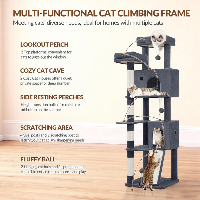 Котячий будиночок Kratzbaum 178 см: стабільний, з дряпальними стовпцями, лежаками та платформами, сірий