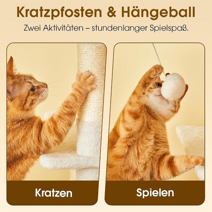 Ігровий комплекс для котів Katzenbaum 139 см: багатоярусний когтеточка-замок з гамаком, великими платформами та натуральним сизалем (Бежевий)