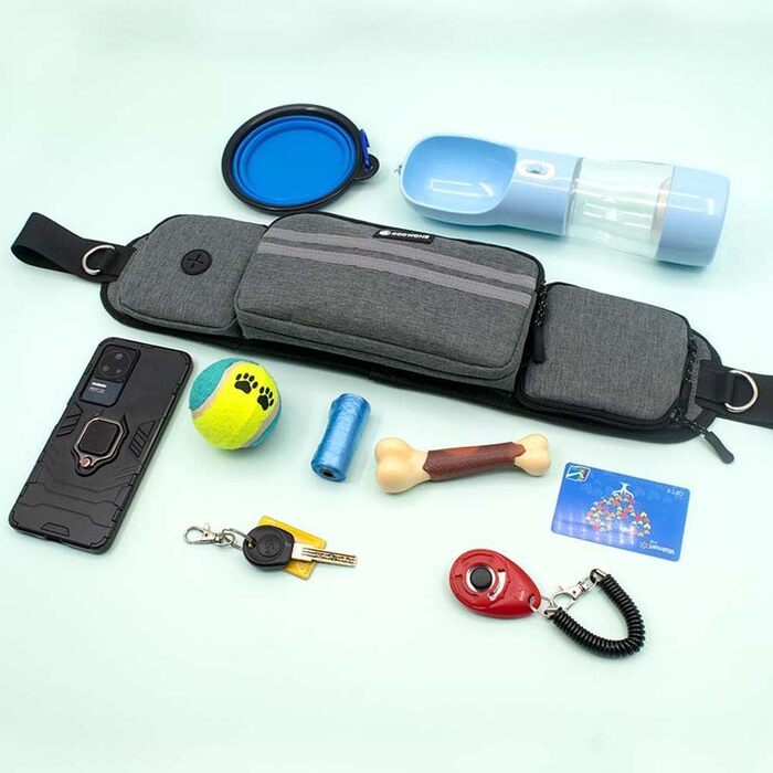 Лекарська сумка для собак, поясна сумка для аксесуарів, мішок для ласощів з дозатором кульок для вигулу, прогулянок та дресирування (Сірий, з 1 повідком)